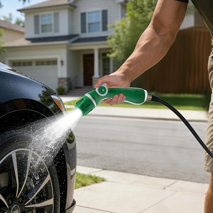 HugeDawn Garden Hose Nozzle, Heavy Duty High Pressure Metal Hose Spray Nozzle with 30% Greater Water High Flow, 3 Spray Patterns, Non-Slip Thumb Control for Quick Watering & Cleaning (Green)
