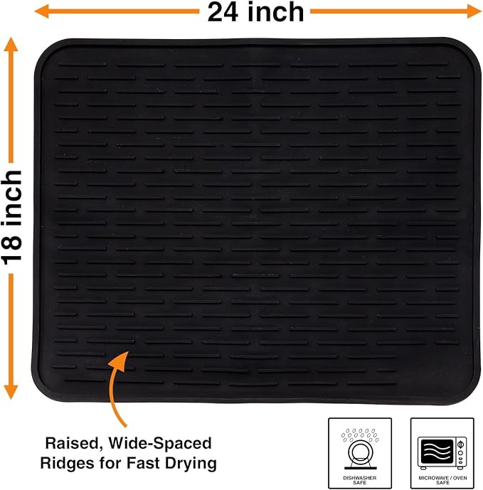 XXL Silicone Dish Drying Mat for Kitchen Counter or Under Sink, 24" x 18" Extra Large, Waterproof Pet Feeding Mat, Dog Food, Water Bowls, Under Drying Racks for Dishes, Coffee Bars, Bar Mats (Black)