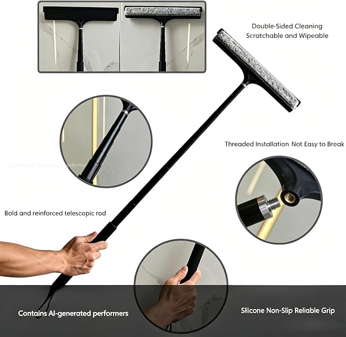 Telescopic 2-in-1 Window Squeegee with Scrubbing Pad | Works on shower glass, tile walls, floors, mirrors & windows; long extendable handle cleans high areas, easy storage