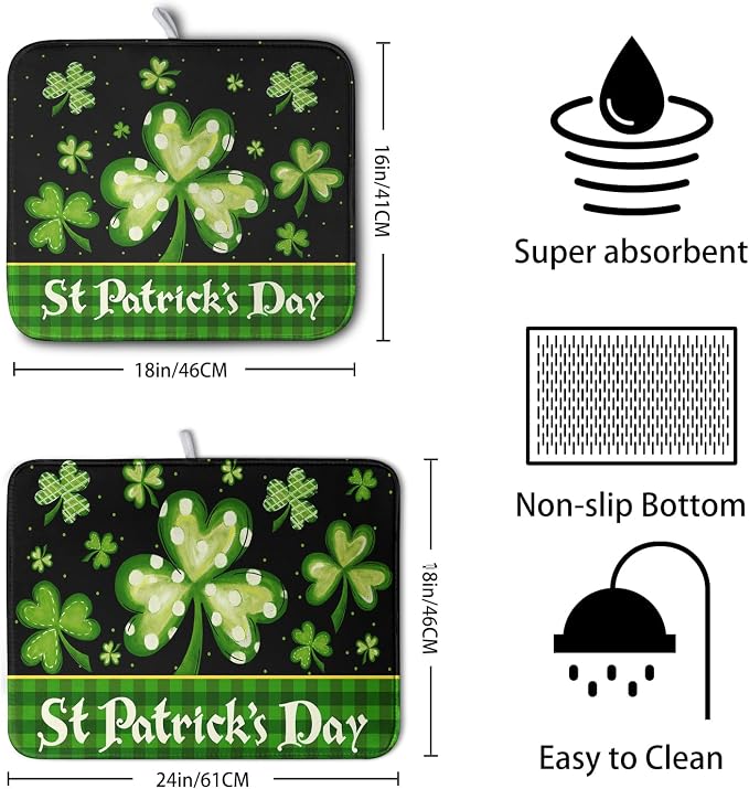 Happy St. Patrick's Day Kitchen Drying Mat Green Plaid Lucky Shamrock Clover Dish Drying Mat St Patrick's Day Super Absorbent Dish Dry Pad Microfiber Dish Drainer Mats for Kitchen Counter 18x24 Inch