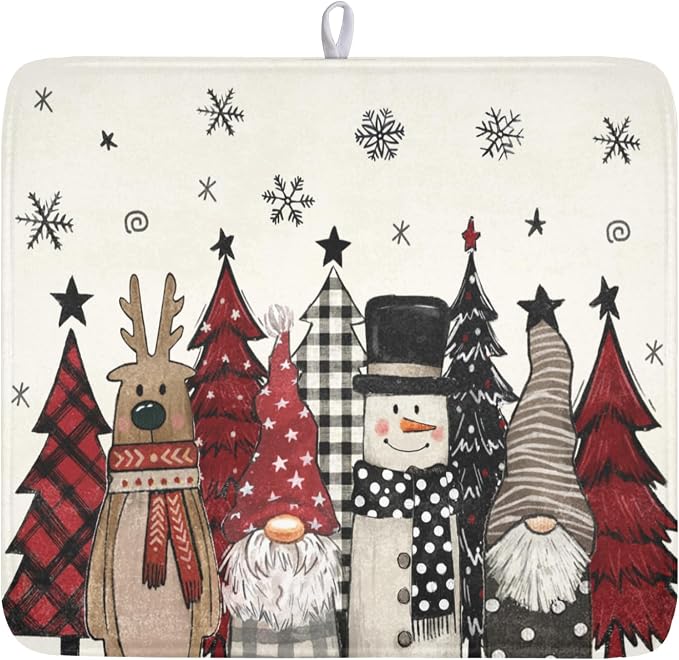 Giwawa Winter Snowman Gnome Dish Drying Mat Xmas Tree Dishes Pad 16"x18" Microfiber Fast Dry Dish Drainer Rack Mats Kitchen Countertop Accessories