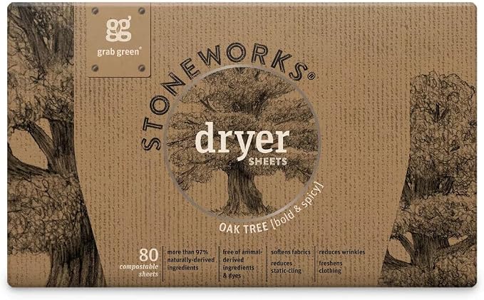 Grab Green Stoneworks Dryer Sheets, 80 Count, Oak Tree, Compostable | Softens fabrics; Reduces Static; Cruelty-free; Plant & Mineral Based; No Harsh Chemicals
