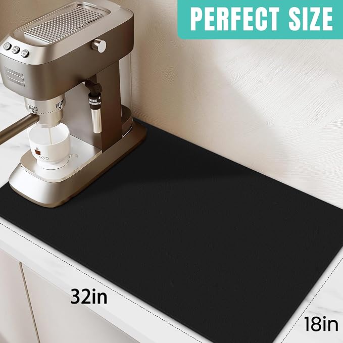 WISELIFE Coffee Mat Super Absorbent Dish Drying Mat Coffee Bar Accessories Match with Machine Large Drying Mats for Kitchen Counter 18" W x 32" L, Black