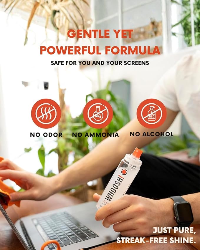 WHOOSH! Screen Shine Go - 1 fl oz Refillable Screen Cleaner Kit with Microfiber Cloth for MacBook, Phone, iPad & Eyeglasses - Powerful Streak-Free Cleaning - Pocket-Sized, TSA-Approved for Travel