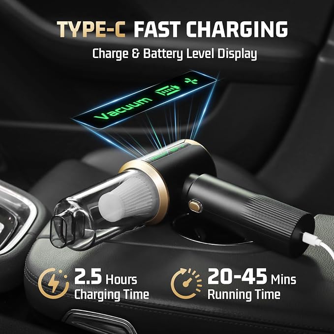 Cordless Car Vacuum Cleaner: Handheld Vacuum with 16000Pa Strong Suction, 𝐁𝐫𝐮𝐬𝐡𝐥𝐞𝐬𝐬 𝐌𝐨𝐭𝐨𝐫 & HEPA Filter, 7-in-1 Cleaning Kit, Type-C Charging for Home Office Car - Black | Handheld Vacuum Cleaner with Brushless Motor - LED Battery Display...