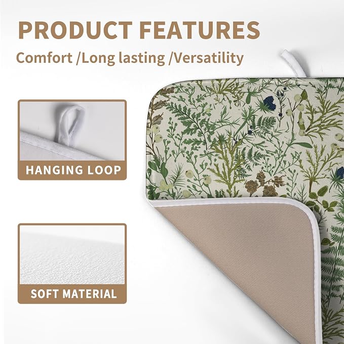 Sage Green Botanical Floral Dish Drying Mat for Kitchen Counter Vintage Herbs Fern Leaves Plant Drying Mats Absorbent Microfiber Dishes Drainer Mats Washable Dish Draining Pad Medium 16"x18"