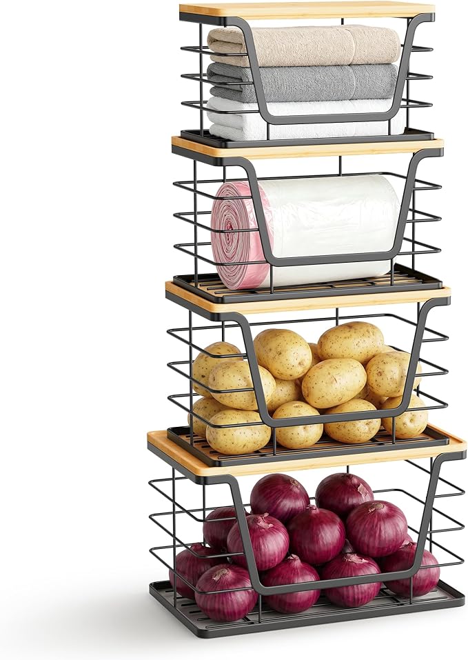 ALOCEO 4 Pack Stackable Storage Bins with Lids, Stainless Steel Trash Bag Dispenser Roll Holder for for Kitchen Sink, Laundry, Pantry Organizer and Storage, Black