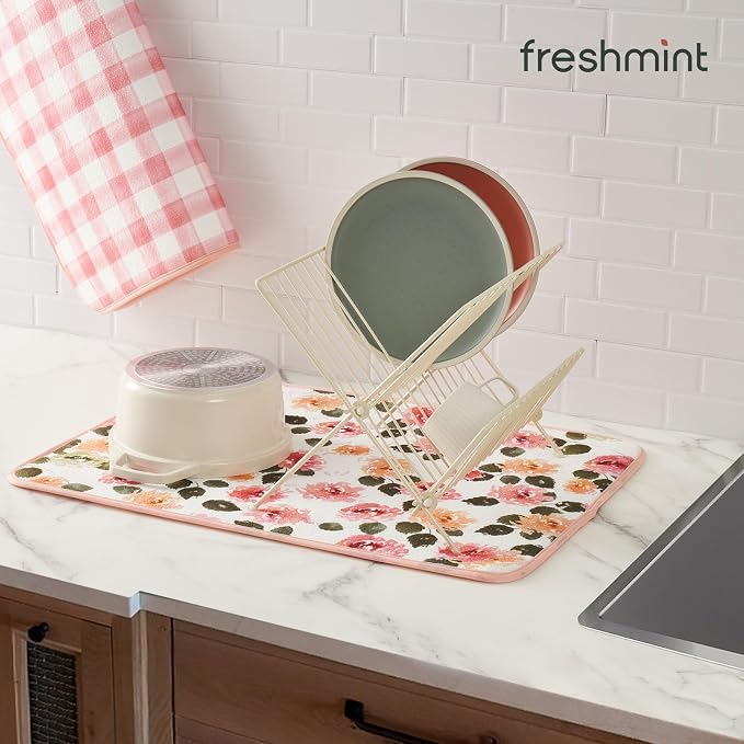 FRESHMINT Printed Dish Drying Mats for Kitchen Counter 2 Pack Absorbent Reversible Drying Mats Microfiber Kitchen Countertop Protector Dishes Drying Pad Extra Large 18"x24" Dish Mat