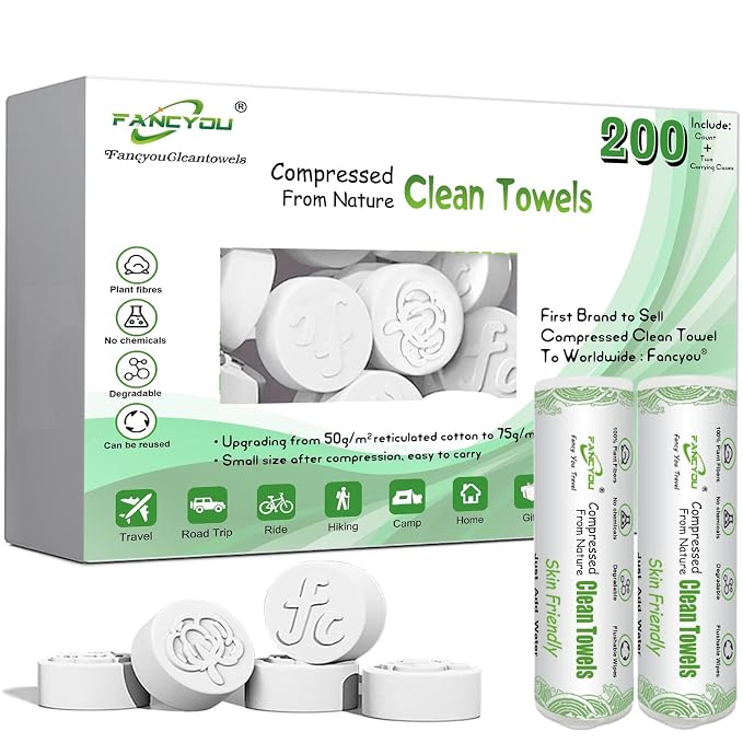 Compressed Towel Tablets 200 Count, Thicken Disposable Face Towel with 2 Carry Cases, Biodegradable & Compact, Cotton Clean Face Towels for Outdoor Camping Hiking Travel Gym BBQ Home
