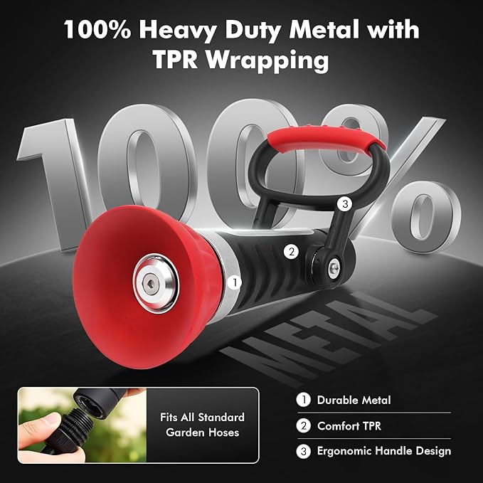 RESTMO Fireman Style Hose Nozzle Heavy duty, Hose Spray Nozzle for Outdoor | Large Lever Handle, High Pressure Twist Garden Nozzle with 3 Spray Patterns for Watering Lawn and Garden, Washing Car