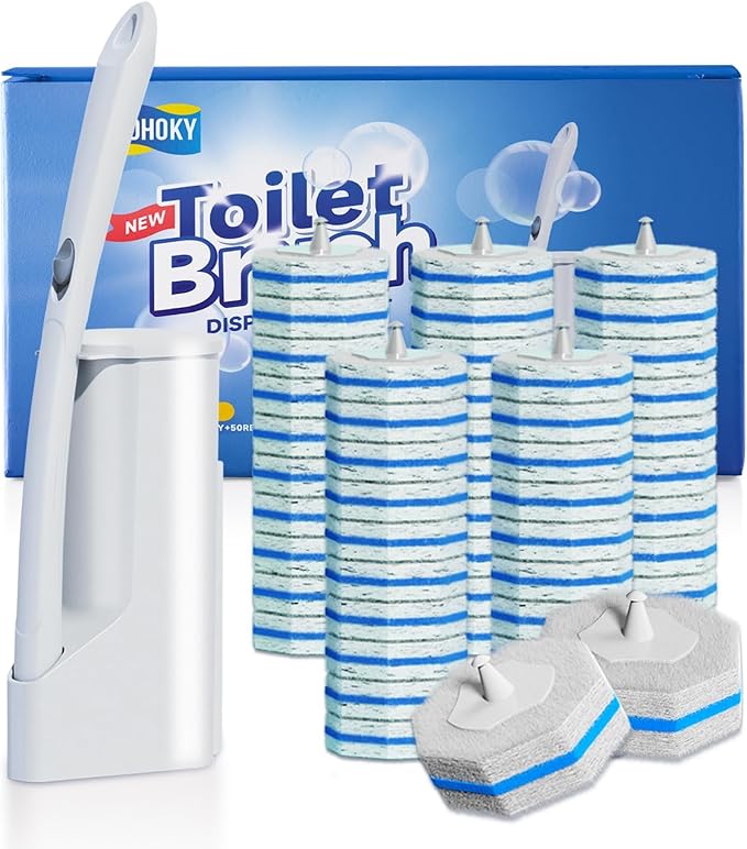 Disposable Toilet Brush Cleaning System with 50pcs Refills Pads Replacement Heads, Toilet Cleaning Stick, Wall Mounted Wand Kit Bathroom Maintenance, Toilet Bowl Cleaner Brush Holder and Set