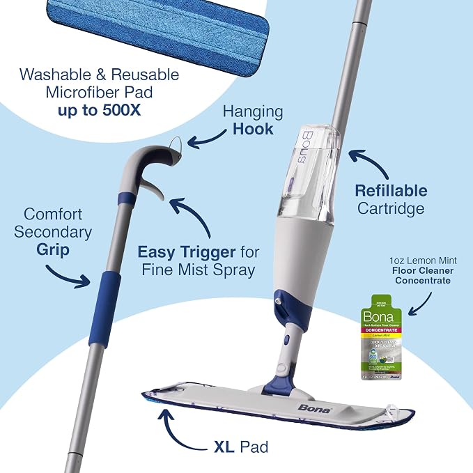 Bona Spray Mop Air - Includes Multi-Surface Floor Cleaner Concentrate and Microfiber Pad - Lemon Mint Scent - Lightweight & Compact Mop