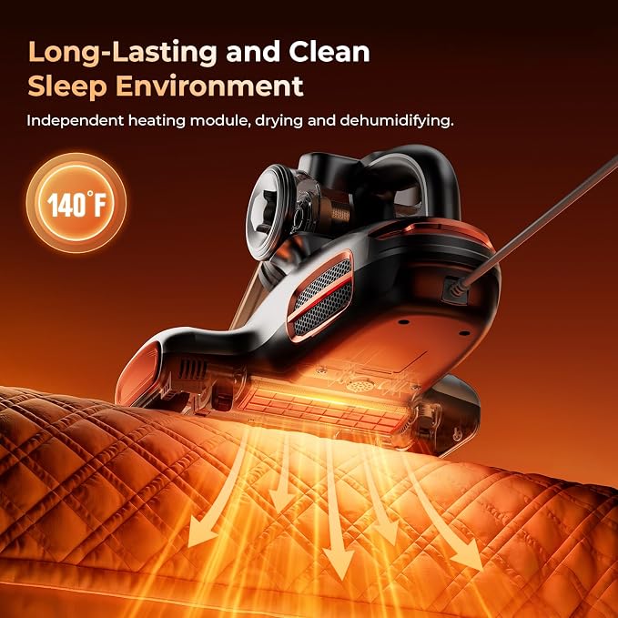 JIGOO T600 Bed Vacuum Cleaner with UV-C Light, 15Kpa Suction 700W Powerful Double Cup Handheld Vacuums, Mattress Vacuum Cleaner with Smart Dust Sensor, Ultrasonic & Heating Tech, HEPA Filter - Corded