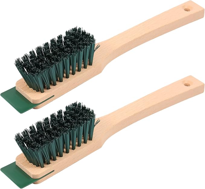 2Pcs Stiff Bristle Brush for Lawn Mower, Universal Lawn Mower Scrub Brush, Multi Surface Outdoor Cleaning Tool with Scraper and Wood Handle for Patio, Deck, Gutter, Gardening