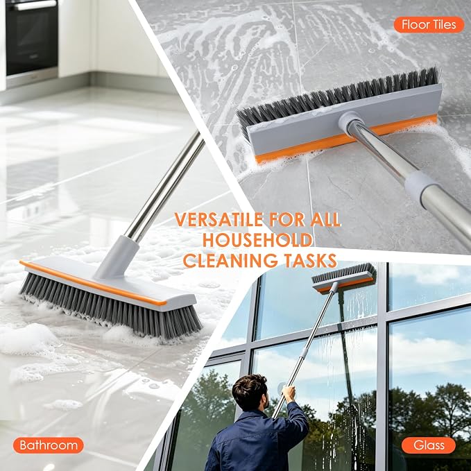 Floor Scrub Brush with 45" Long Handle, 2-in-1 Heavy-Duty Scrub Brush Broom | Stiff Bristle Scrubbing Brushes with Scrape Squeegee for Cleaning Bathroom, Kitchen, Patio, Pool, Garage, Tile, Wall, Deck