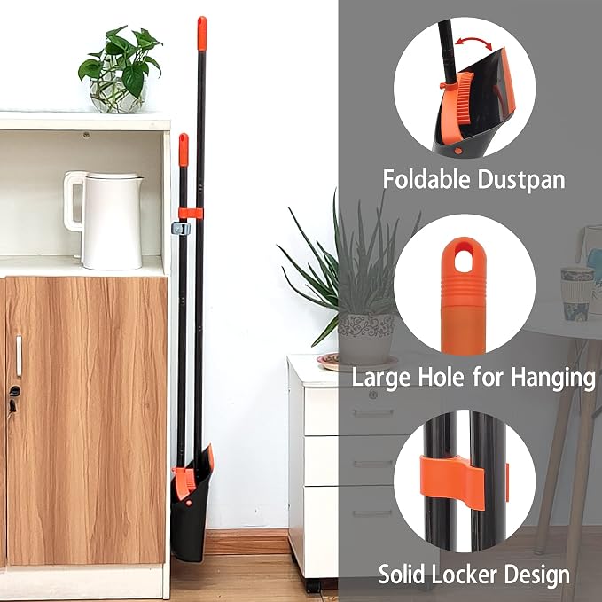 Broom and Dustpan Set for Home, JEHONN Long Handle Lightweight Indoor Broom Set Heavy Duty, Upright Standing Dust Pan with Comb Teeth Store Sweep Set for Room Kitchen Office Lobby