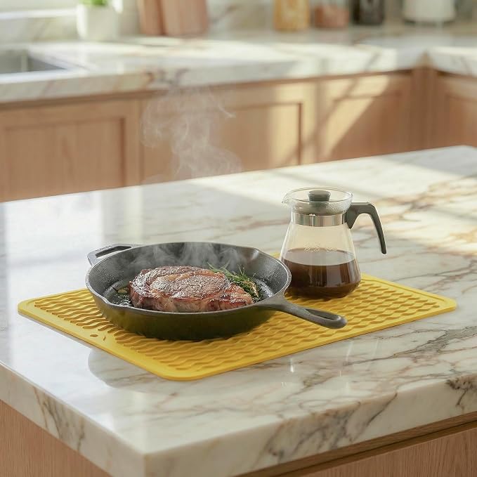 MicoYang Silicone Dish Drying Mat — Quick-Dry Ridges Counter & Sink Pad, Heat-Resistant Trivet to 450°F, Non-Slip & Dishwasher Safe, Roll-Up Storage, 18 Colors & 9 Sizes (Yellow, 16"×12")
