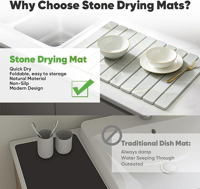 Stone Drying Mat for Kitchen Counter, Quick Diatomaceous Earth Mats for Dishes, 24"L x 16" W Super Absorbent Fast-Drying Collapsible Countertop Stone Mat (Marble White Yellow, 24" x 16")