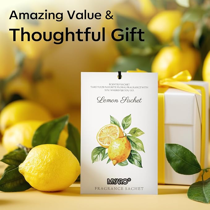MYARO 12 Packs Lemon Scented Sachets for Drawer Closet Bathroom Odor Eliminator - Fresh Home Fragrance Car Air Frehener