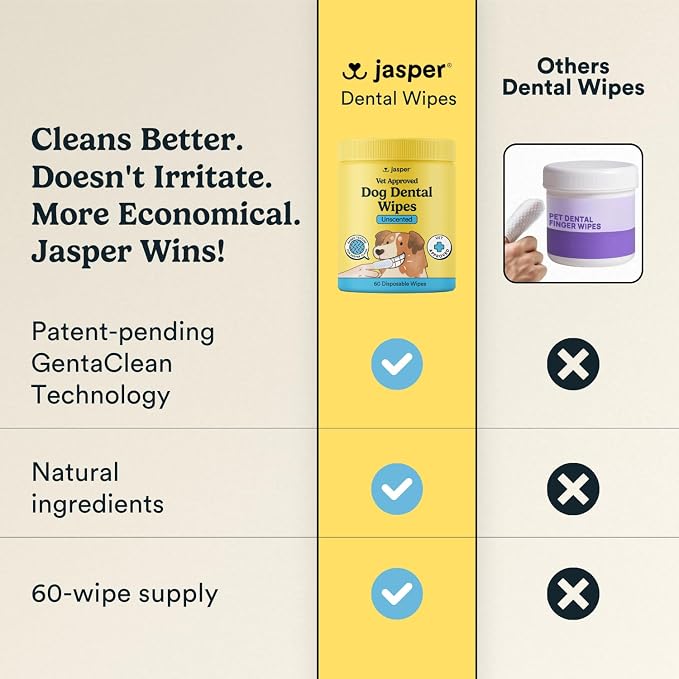 Jasper Dog Dental Wipes, Vet-Recommended Natural Cat & Dog Teeth Cleaning Wipes Dog Teeth Cleaner, Disposable Wipes Fresh Breath PlaqLift Technology Attacks Plaque and Buildup, Unscented, 60 Count