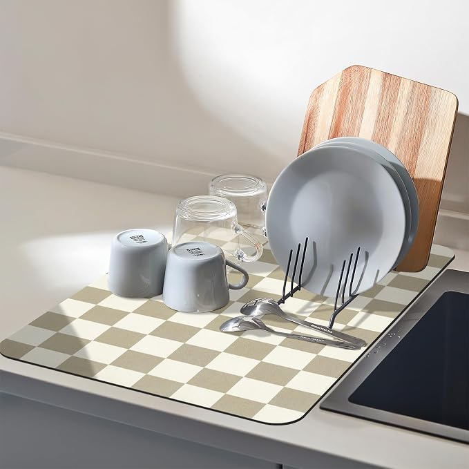 Dish Mat Drying Kitchen Mat, ,16"x 24" Super Absorbent Kitchen Dish Drying Pad for Countertop, Easy to Clean Drainer Mats with Non-slip Rubber Backed for Kitchen Counter, Beige Checkered