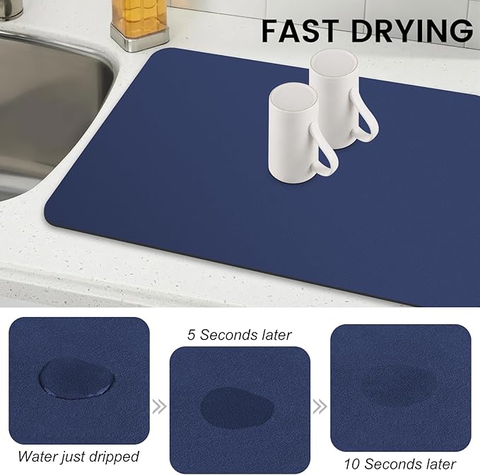 WISELIFE Dish Drying Mat Super Absorbent Drying Mat Large Dish Drying Mats for Kitchen Counter Easy Clean Dish Mat Kitchen Drying Mat16"x 24" Classic Blue