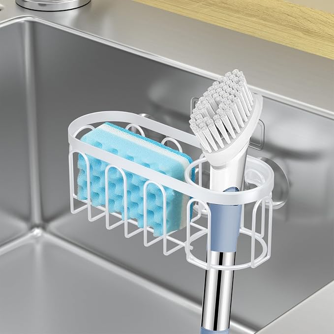 2-in-1 Sponge Holder for Kitchen Sink, Sink Caddy Kitchen Sink Organizer with 3 Suction Cups, No Drill Rustproof Sink Sponge Holder for Dish Brush, Soap & Sponge (White)