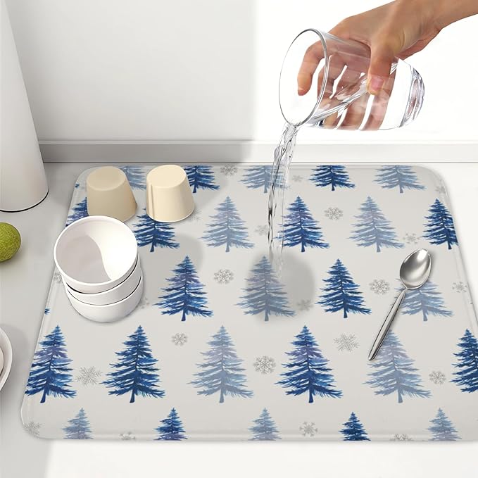 Winter Dish Drying Mat 16 x 18 Inch Blue Tree Dish Drying Pad Absorbent Microfiber Mats for Snowflake Dish Rack Pad for Holiday Kitchen Counter Coffee Bar Decor