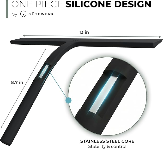 GÜTEWERK Silicone Shower Squeegee for Glass Doors & Mirrors with Stainless Steel Core, Streak-Free & No-Squeak Window Cleaning, 3-in-1 No-Drill Mount (Hook/Suction/Adhesive),Black, 13 Inches