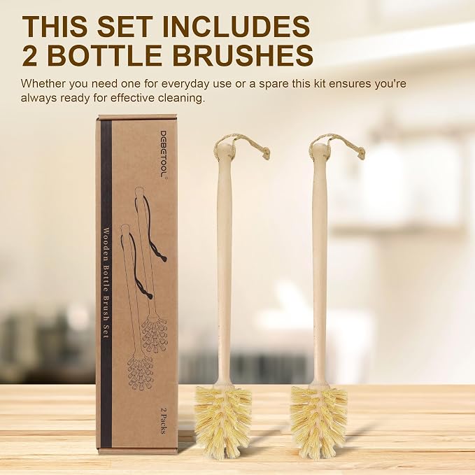 DEBETOOL 2-Pack Natural Wooden Bottle Brush with Sisal Bristles, Long Handle Bottle Brush Cleaner for Wide Mouth Jars, Water Bottles, Cups, Glasses, Baby Bottles (Non-Scratch)