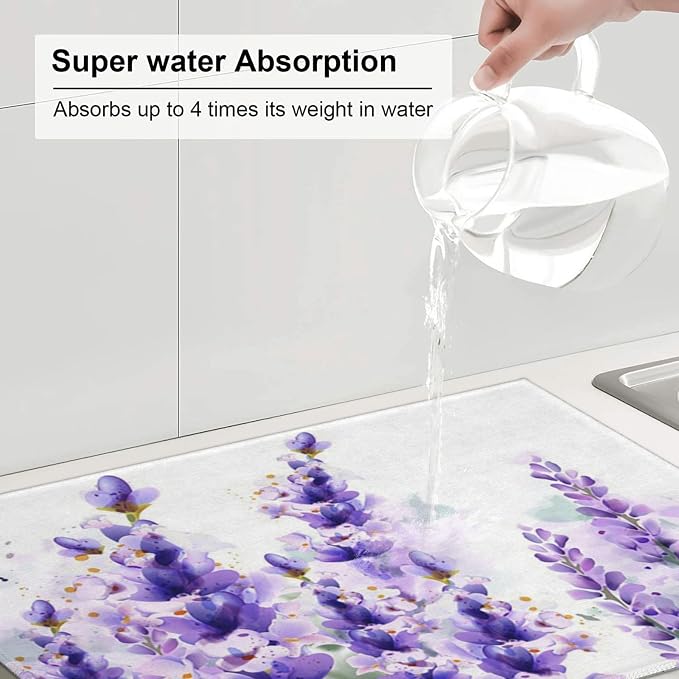 Lavender Dish Drying Mat For Kitchen Counter, Super Absorbent Microfiber Dish Drying Pad, Kitchen Gadgets For Easy Clean Multi-Use Large 18"x24"