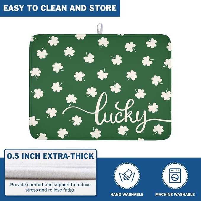 St Patricks Day Lucky Clover Dish Drying Mats for Kitchen Counter Green White Shamrock Dish Drying Pad St Patrick Microfiber Absorbent Reusable Washable Large Dishes Drying Mat 18x24 Inch