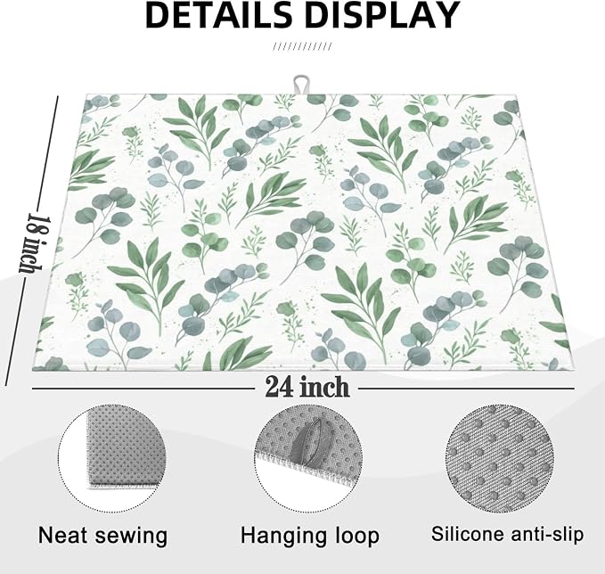 Sage Green Dish Drying Mat for Kitchen Counter Microfiber Absorbent, Spring Dish Draining Mat Aesthetics Kitchen Decor Extra Large 18"x24" (Green, 18x24in)