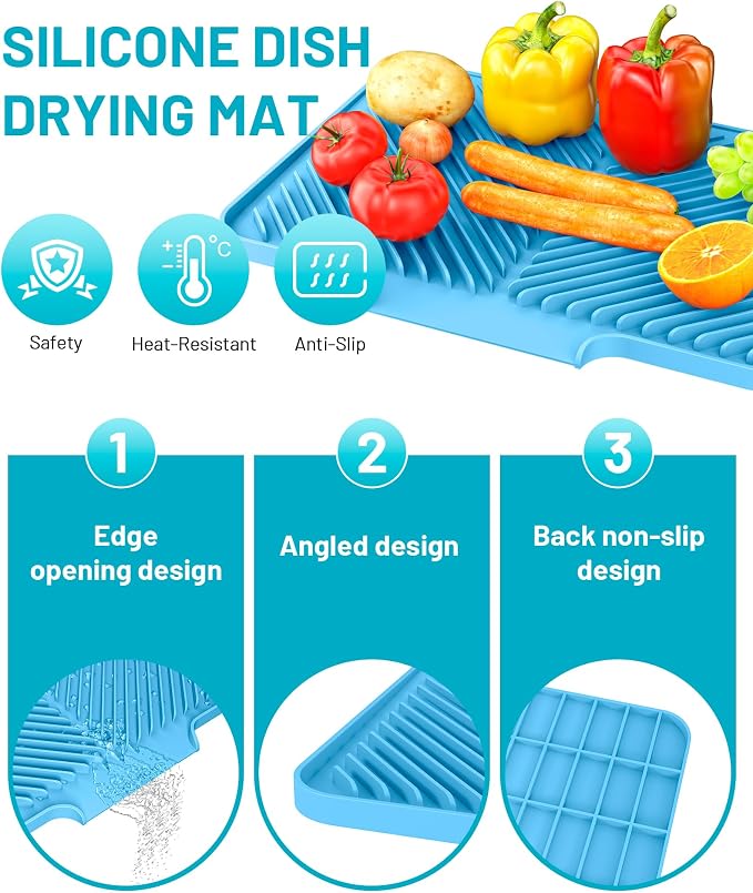Dish Drying Mat Kitchen Counter - Silicone Dish Drying Pad with Built-in Drain for Sink, Refrigerator and Drawer liner, Easy Clean, Non-Slip, Heat Resistant, 14.8" x 10.7"
