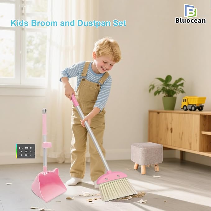 28'' Kids Mini Broom and Dustpan Set - Toddler Cleaning Toy, Toddler Household Helper, Parent-Child Interactive Play Cleaning Tool, Cute Cartoon Design, Small Safe Corner Broom (Pink)