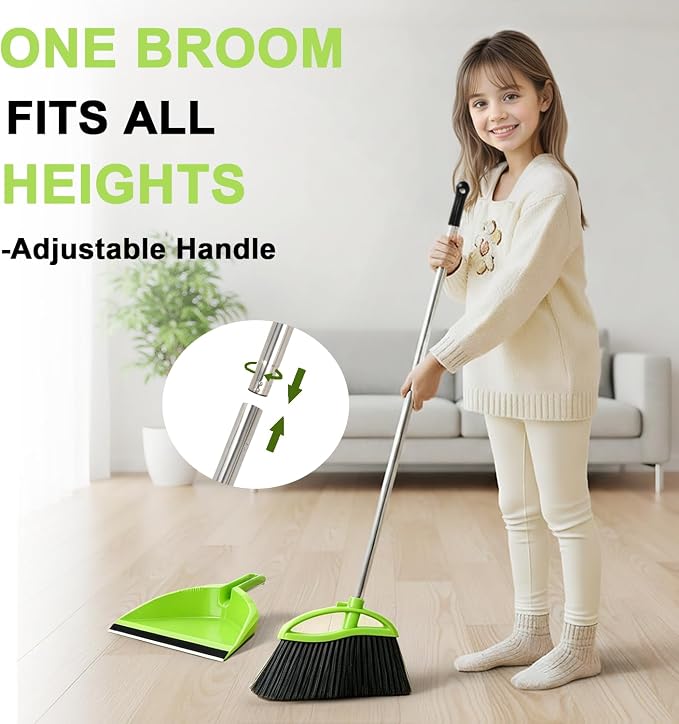 Soft Bristle Broom and Dustpan Combo Set, Long Handle Indoor Broom (Green) | No-bend Long Handle & Angled Head Sweep Dust Effortlessly. Rubber Strip Locks Fine Particles. For hardwood, tile