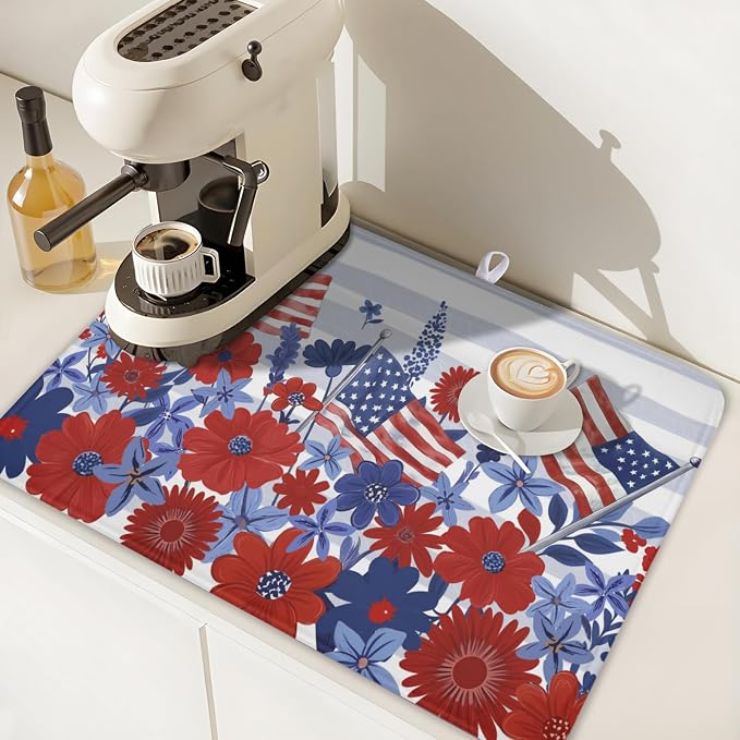 Patriotic Floral Dish Drying Mat for Kitchen Counter 4th of July American Flag Microfiber Dish Drainer Mat Red and Blue Flower Absorbent Washable Drying Pad 18"x24"