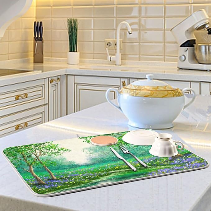 Absorbent Dish Drying Mat for Kitchen Counter - Green Tree Forest Microfiber Drying Pad, Reversible Drainer Mats for Countertop, Small 16 x 18 inch