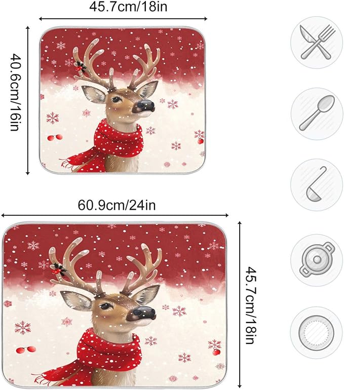 Christmas Reindeer Dish Drying Mat for Kitchen Countertop 18x24 Winter Snowflake Red Xmas Large Drying Mat Reusable Quick Dry Dish Sink Mats Easy Clean Decorative Essentials