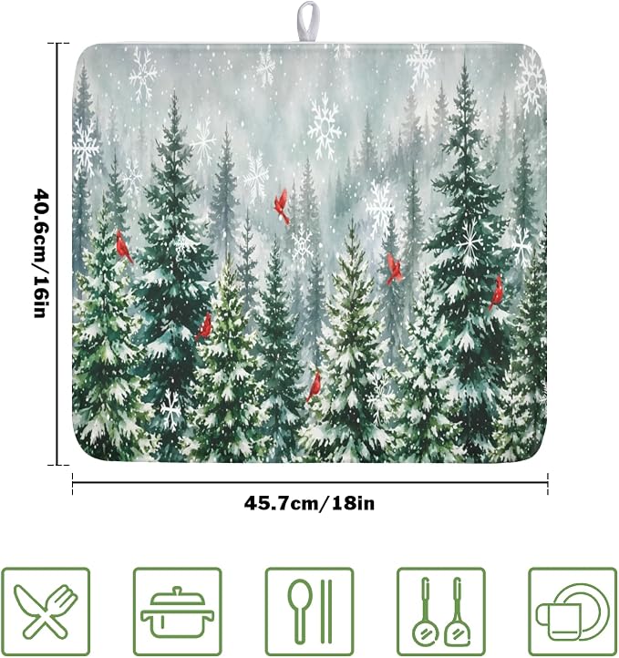 Winter Forest Snowflake Dish Drying Mat for Kitchen Counter 16"x18" | Christmas Green Pine Trees Birds Dish Drainer Mat Rustic Winter Holiday Absorbent Washable Drying Pad