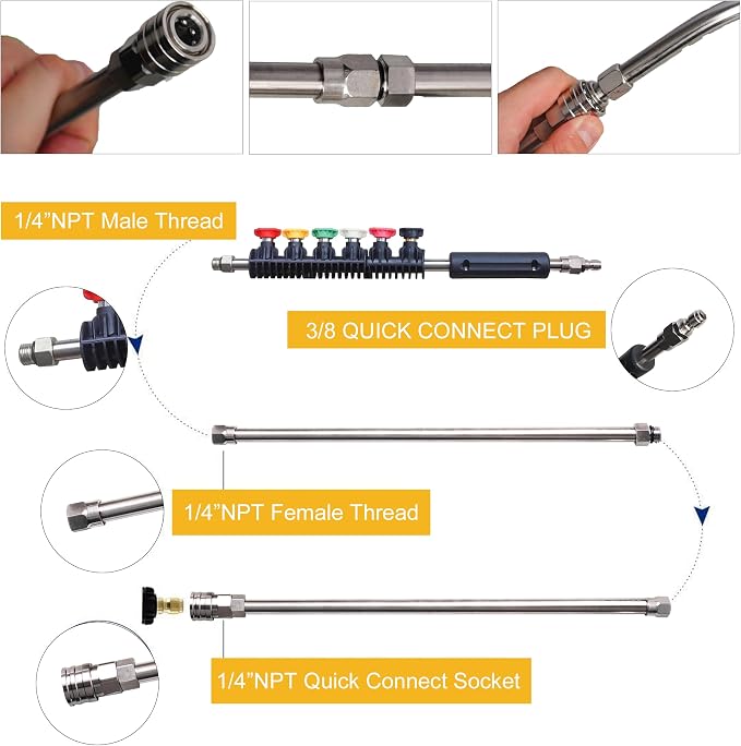 LIULO TOOL 9 Pack Pressure Washer Extension Wand, Stainless Steel Power Washer Lance with 6 Nozzle Tips for Gutter Cleaning, 3 Gutter Cleaner Attachments Curved Rod, 1/4 inch Quick Connect, 4000 PSI