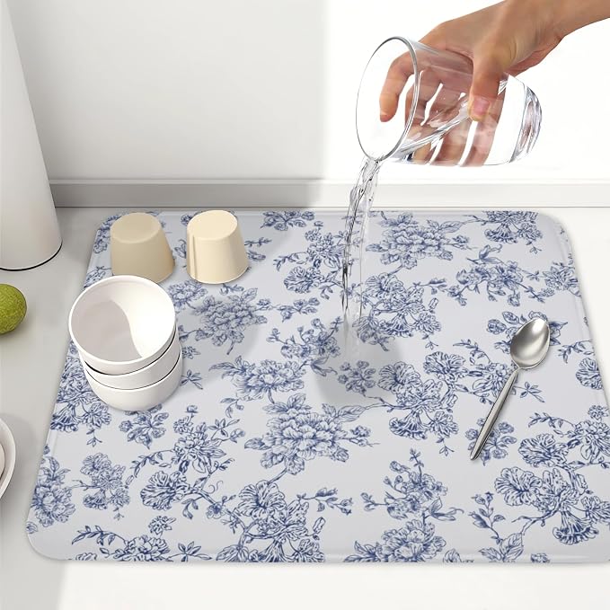 Blue Floral Dish Drying Mat for Kitchen Counter Chinoiserie Flower Microfiber Dish Drainer Mat Vintage Rustic Elegant Absorbent Washable Drying Pad Extra Large 16"x18"