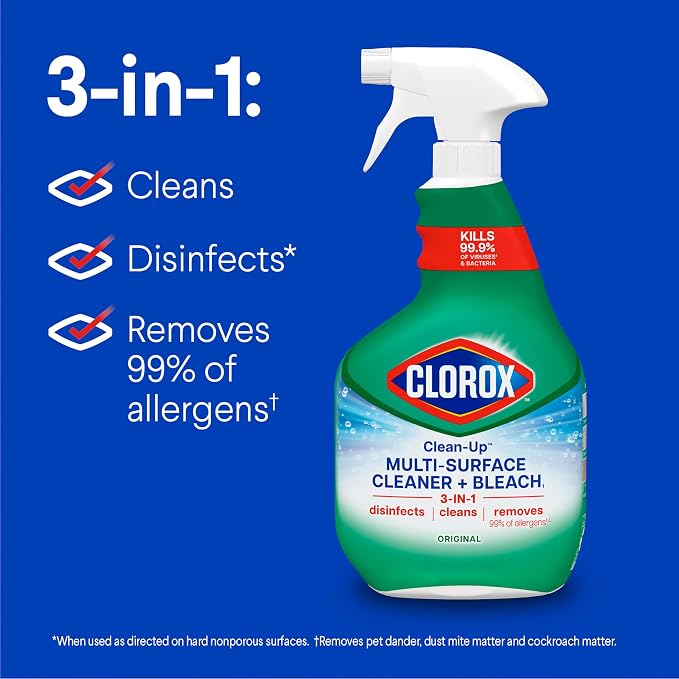 Clorox Clean-Up Multi-Surface Cleaner with Bleach, Original, Spray Bottle, Cleans Dirt and Grime Off Most Surfaces and Countertops, Kills 99.9 Percent of Viruses and Bacteria, 32 fl. oz., Pack of 3