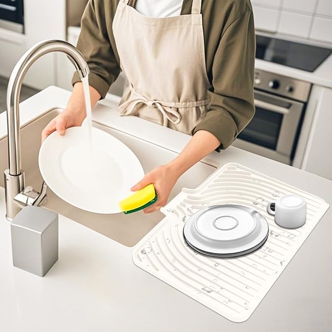 Dish Drying Mat for Kitchen Counter, with Built-in Drain Lip, Food-Grade Silicone, Easy Clean Pad for Countertop Protection, Multi-Functional Use (18x11.8, Cassava White)