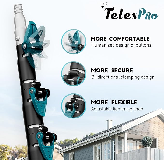 TelesPro 20 Feet High Reach Window Squeegee with 5-12Ft Extension Pole, Window Cleaner Tool with 3-Stage Telescoping Pole, Window Cleaning Kit with Rotatable Head (2 Squeegee & 2 Microfibre Cloths)