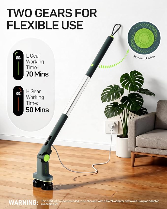 Electric Cleaning Brush, Dual Head Power Brush Scrubber with Infrared Control, 8-in-1 Cordless Power Scrubber for Bathroom & Shower, Electric Scrubber with Adjustable Handle for Bathtub, Tile, Floor