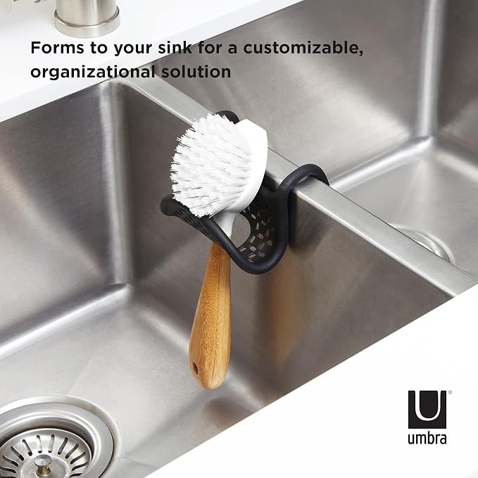 Umbra Sling Sponge Holder for Kitchen Sink – No Suction Cups, Flexible Caddy for Sinks and Faucets, Modern Design, Black
