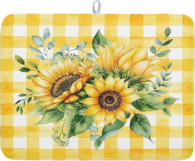 Sunflower Dish Drying Mat 18x24 Inch Absorbent Reversible Summer Sunflower Drying Mat Summer Plaid Dish Drying Rack Mat Yellow Summer Themed Dish Drainer Mat for Kitchen Counter Coffee Bar