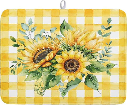 Sunflower Dish Drying Mat 18x24 Inch Absorbent Reversible Summer Sunflower Drying Mat Summer Plaid Dish Drying Rack Mat Yellow Summer Themed Dish Drainer Mat for Kitchen Counter Coffee Bar