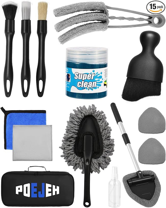15PCS Interior Cleaning Kit Graded Boar Brush 160g Gel Swivel Glass Tool | Scratch-free vent duster microfiber pads waterproof bag, car & home dual use, practical holiday gift for car lovers